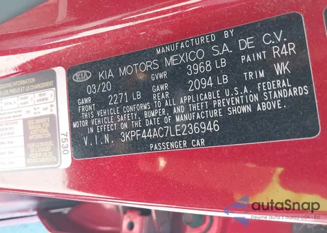 2020 Kia Forte Gt z USA, uszkodzony, nr VIN 3KPF44AC7LE236946